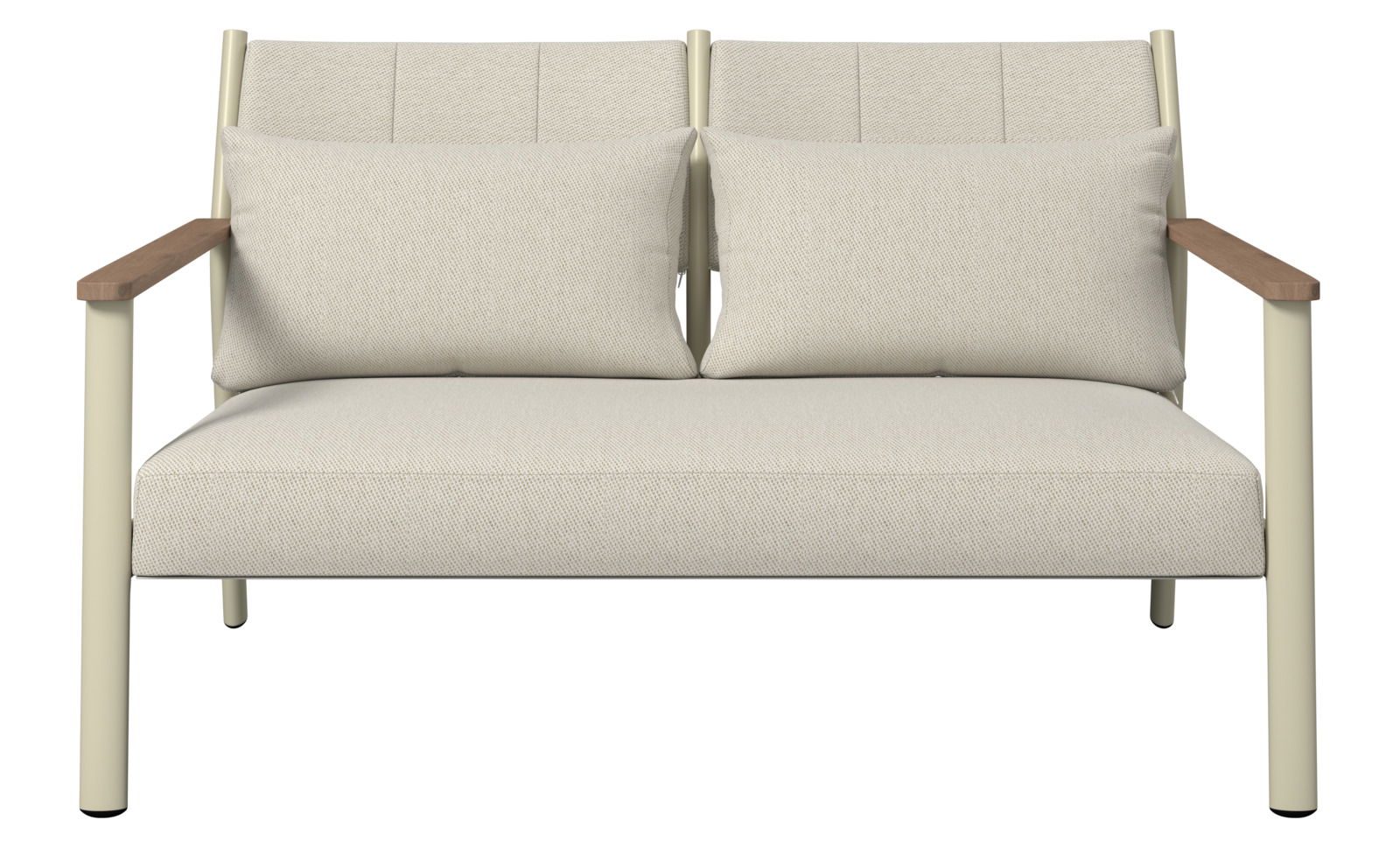 Frontansicht eines beigen Gartenlounge-Sessels mit Holzarmlehnen und zwei Kissen.