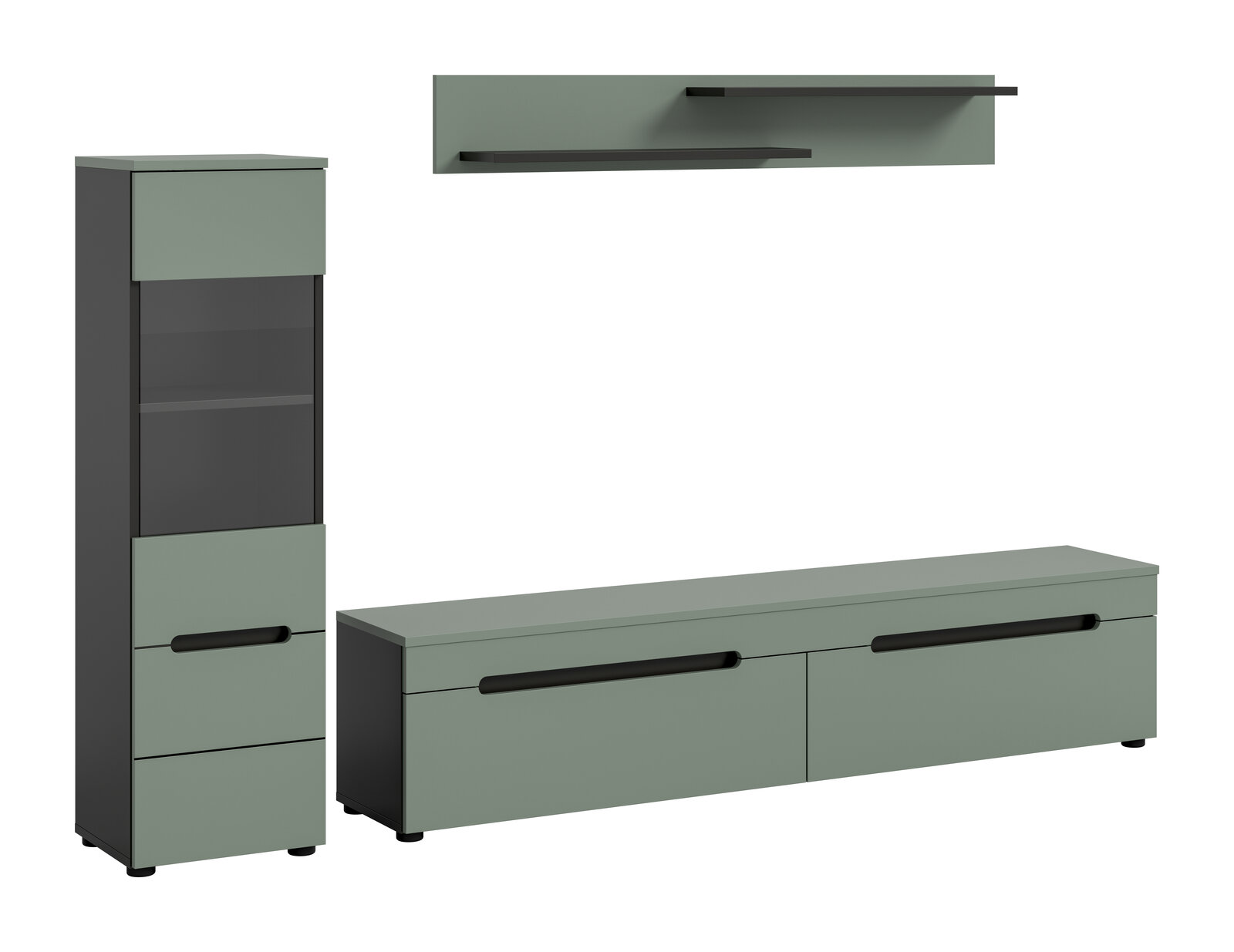 Modernes Wohnzimmermöbel-Set in Salbeigrün und Anthrazit mit Vitrine, niedrigem TV-Lowboard und Wandboard, Frontansicht in leichter Perspektive (3/4-Ansicht) auf weißem Hintergrund