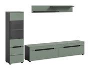 Modernes Wohnzimmermöbel-Set in Salbeigrün und Anthrazit mit Vitrine, niedrigem TV-Lowboard und Wandboard, Frontansicht in leichter Perspektive (3/4-Ansicht) auf weißem Hintergrund