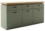 Modernes Sideboard in Olivgrün mit drei Schubladen und vier Türen, seitliche Perspektive
