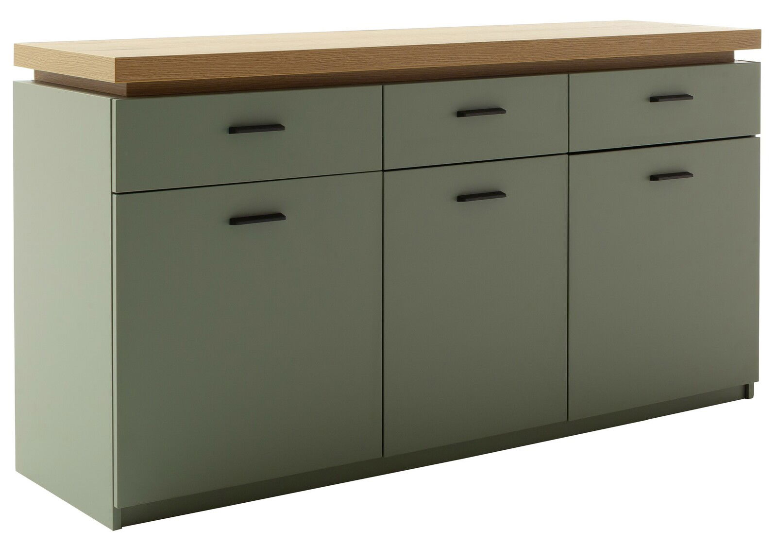 Modernes Sideboard in Olivgrün mit drei Schubladen und vier Türen, seitliche Perspektive