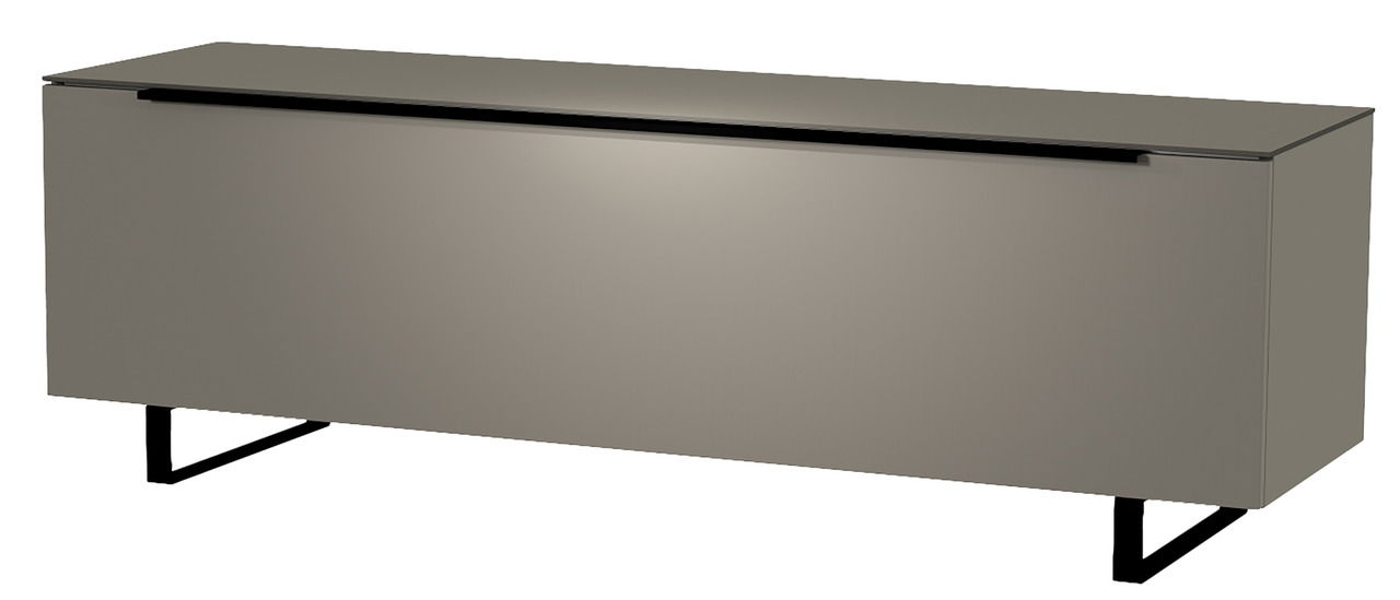 Modernes TV-Lowboard in grauer Farbe mit minimalistischen schwarzen Beinen, seitliche Perspektive.