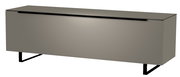 Modernes TV-Lowboard in grauer Farbe mit minimalistischen schwarzen Beinen, seitliche Perspektive.