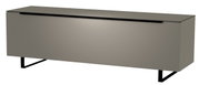 Modernes TV-Lowboard in grauer Farbe mit minimalistischen schwarzen Beinen, seitliche Perspektive.