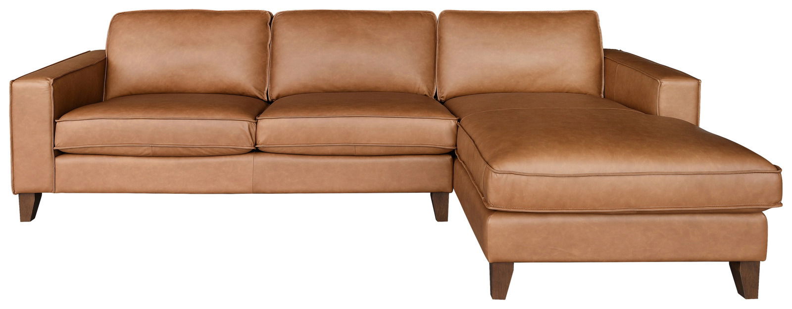 Braunes Ledersofa mit Longchair, Perspektive von vorne