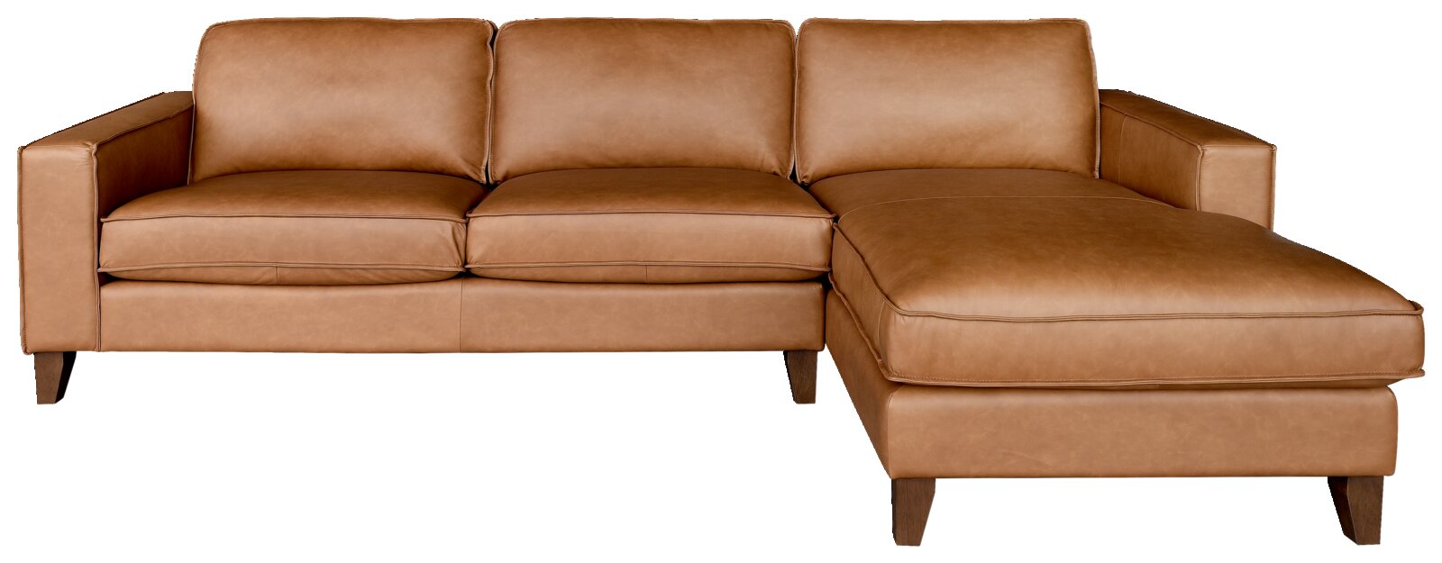 Braunes Ledersofa mit Longchair, Perspektive von vorne