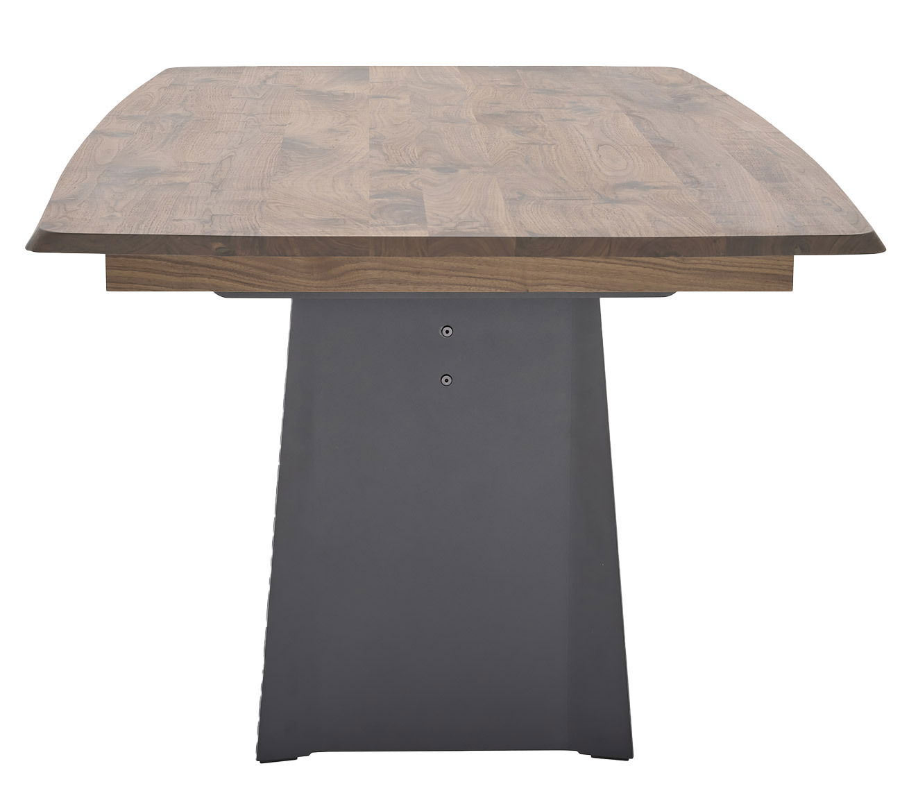 Esstisch mit Holzplatte und modernem, dunklem Sockel, Frontalansicht