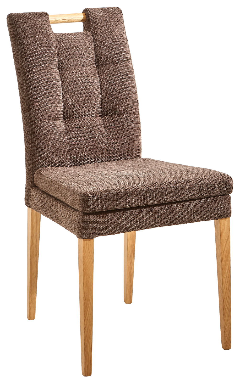 Brauner Stuhl mit gepolsterter Sitzfläche und Rückenlehne, Holzbeine, seitliche Perspektive