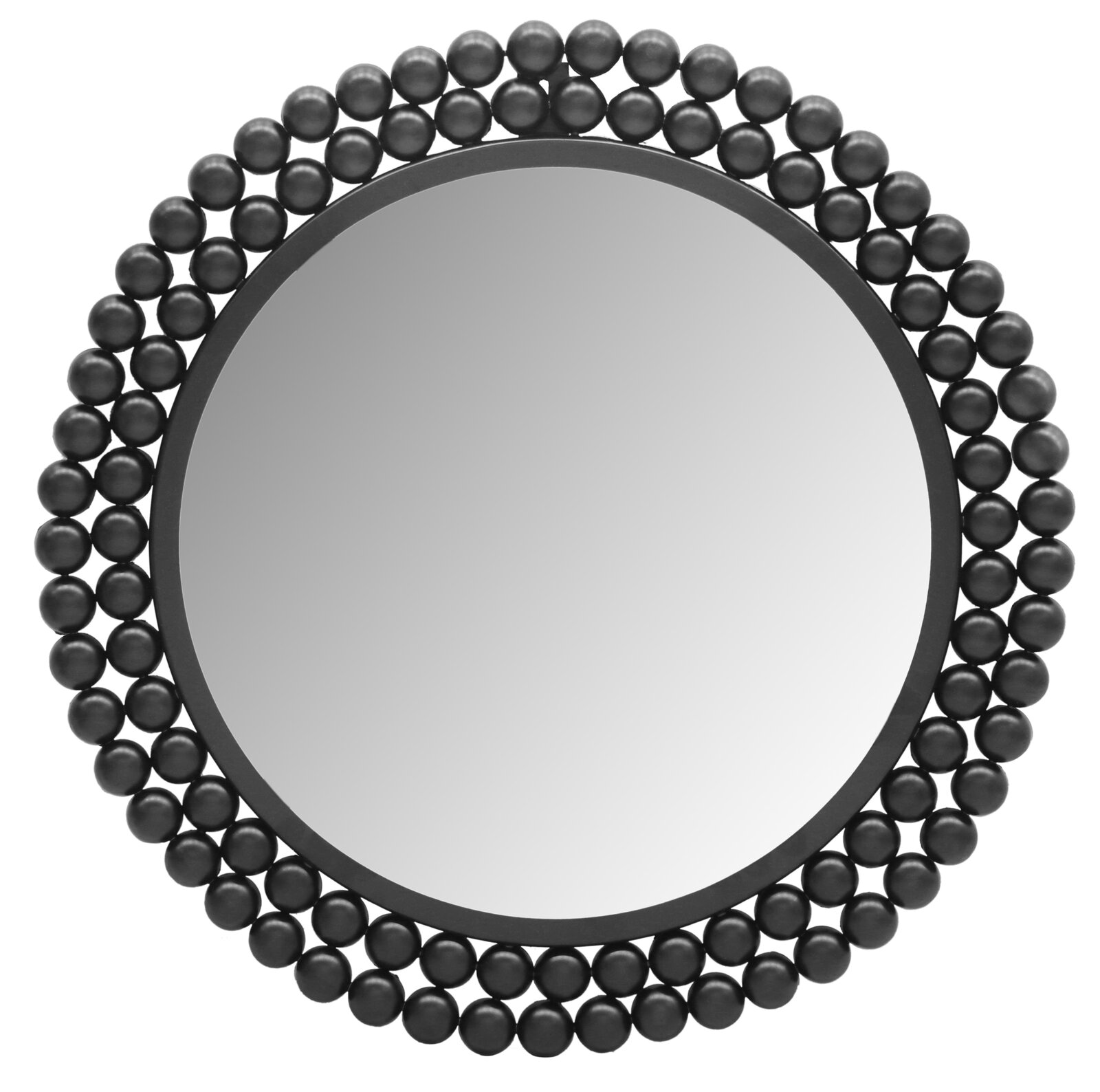 Runder Spiegel mit einem Durchmesser von 46 cm, umgeben von einem dekorativen Rahmen aus schwarzen Kugeln, frontal abgebildet.