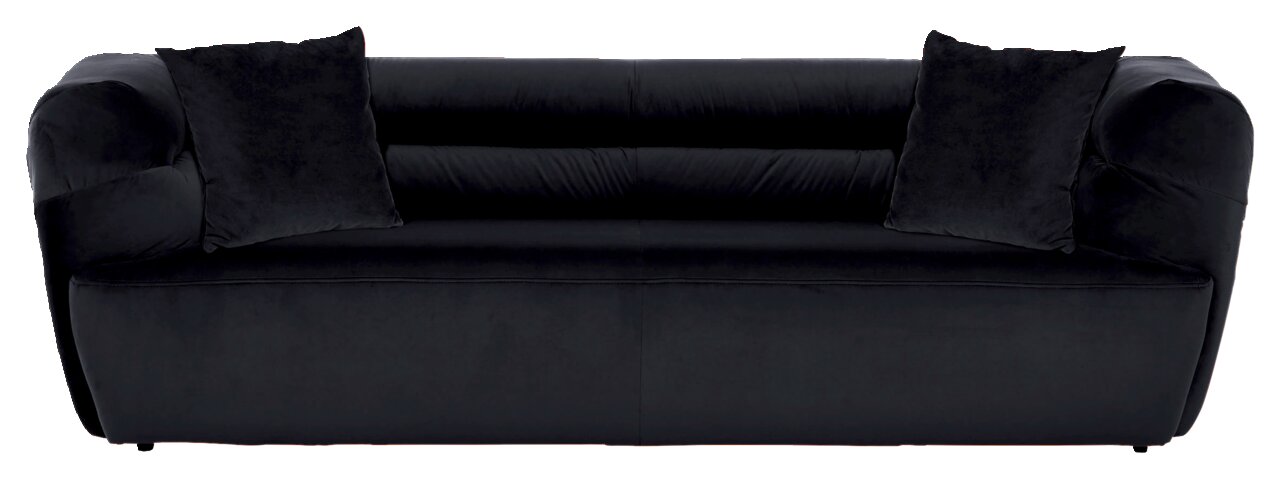 Frontale Ansicht eines großen, schwarzen Sofas mit zwei Kissen.