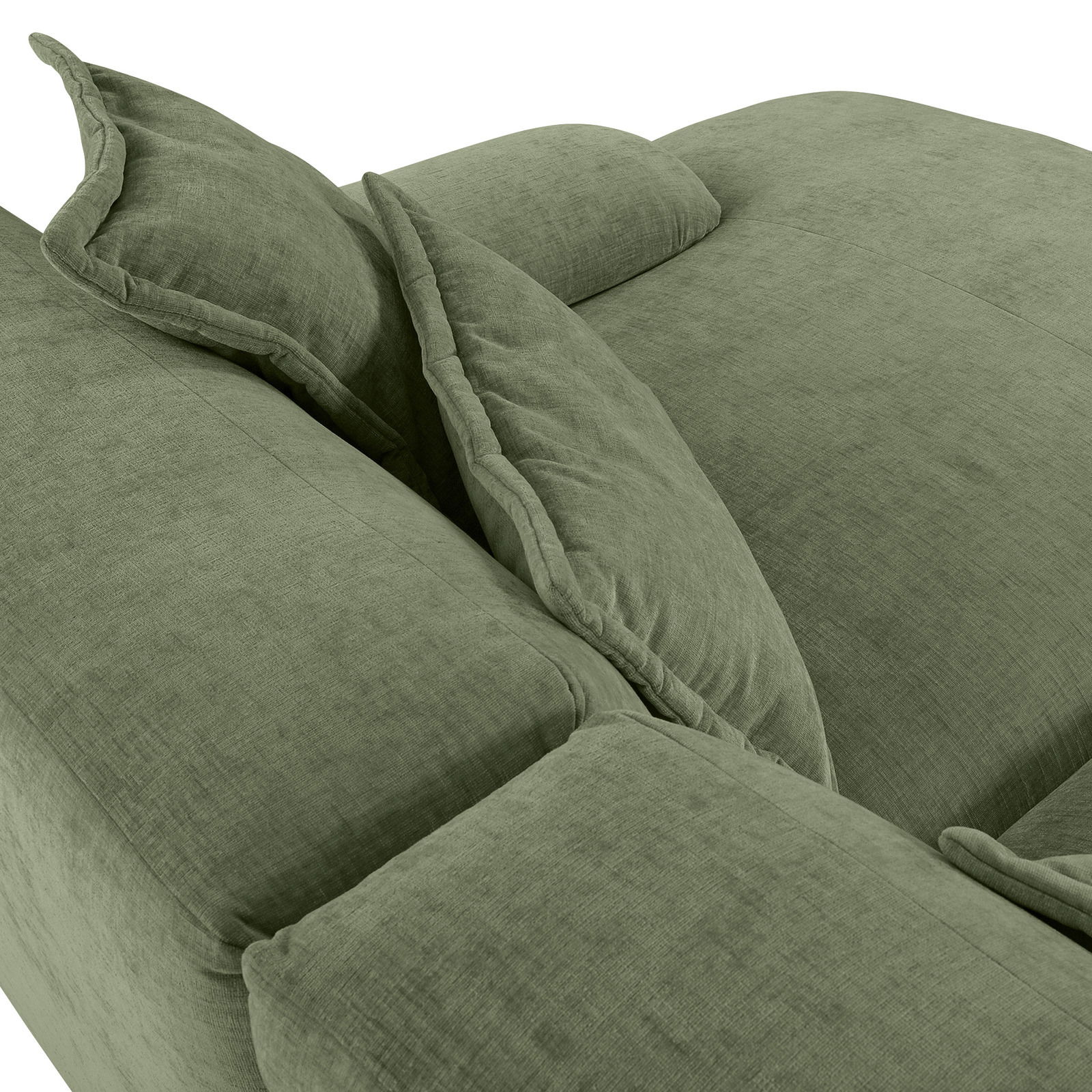 Grüne Rundecke aus der Vogelperspektive mit weichen Kissen und glattem Stoffbezug