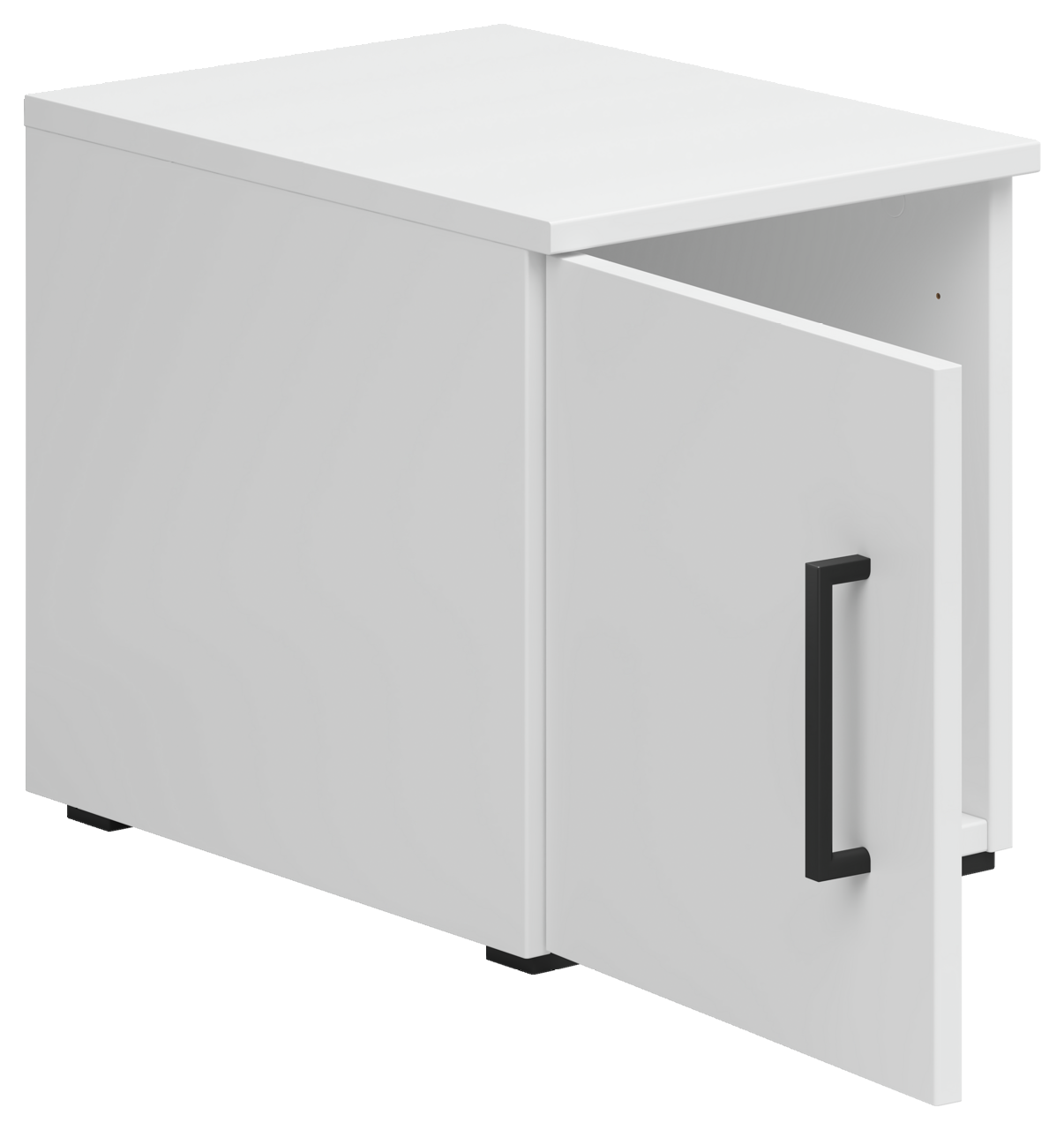 Weißer Aufsatzschrank mit geöffneter Tür und schwarzem Griff, perspektivisch von vorne rechts betrachtet.