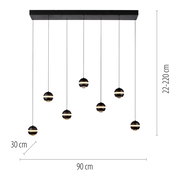 Schwarze 6-flammige Pendelleuchte mit kugelförmigen Lampenschirmen und warmem Lichtband, Deckenbaldachin ca. 90 cm breit, Kabellängen variabel 22–220 cm, Ansicht von vorne.