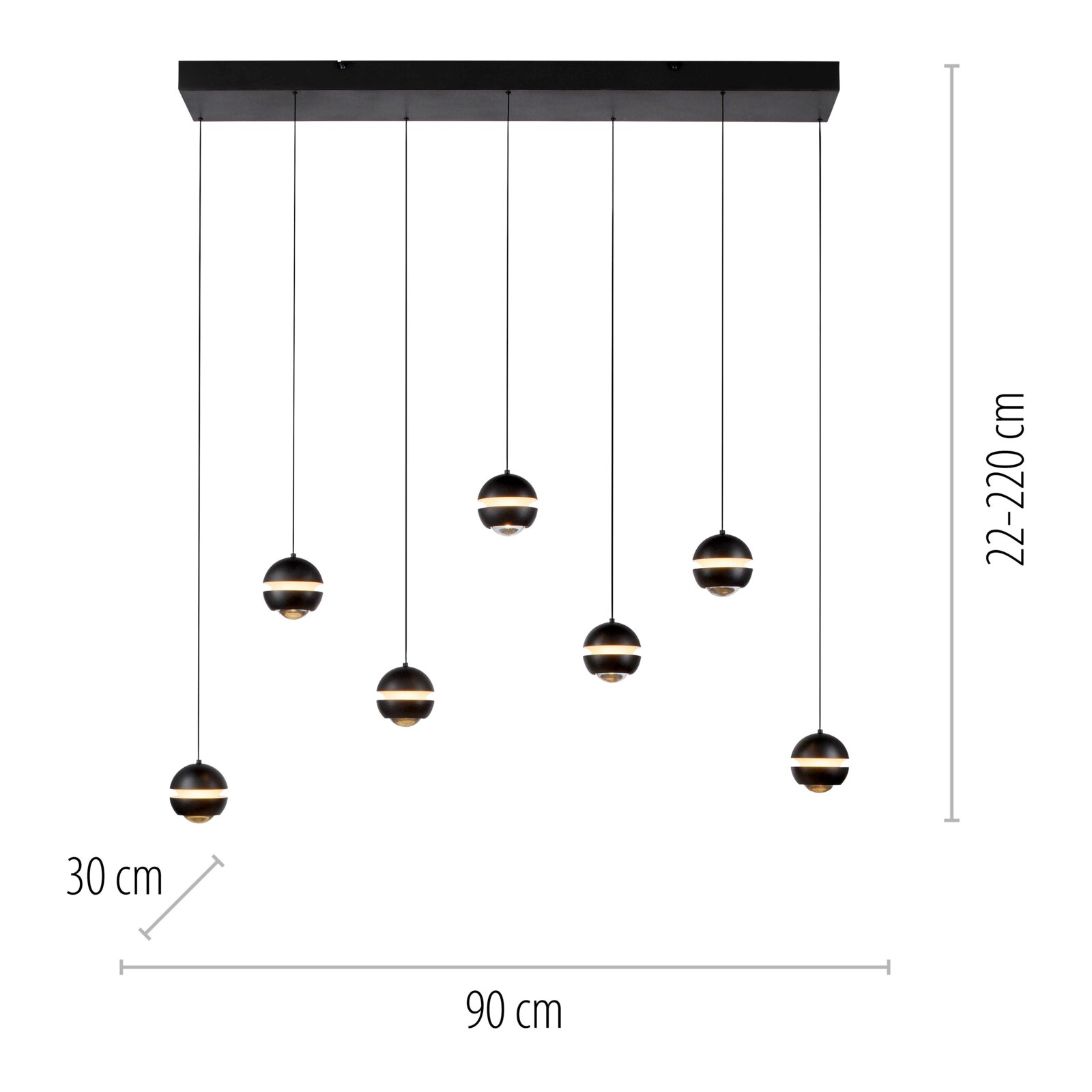 Schwarze 6-flammige Pendelleuchte mit kugelförmigen Lampenschirmen und warmem Lichtband, Deckenbaldachin ca. 90 cm breit, Kabellängen variabel 22–220 cm, Ansicht von vorne.
