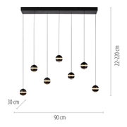 Zwarte hanglamp met 6 lampen, bolvormige lampenkappen en een warme lichtband, plafondkap ca. 90 cm breed, variabele kabellengte 22–220 cm, vooraanzicht.