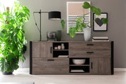 Frontale Ansicht eines modernen Sideboards aus dunklem Holz mit mehreren Schubladen und offenen Fächern, dekoriert mit Pflanzen, einer Lampe und Büchern.