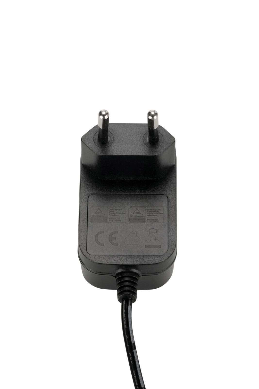Schwarzes Netzteil mit zwei runden Steckern, Vorderansicht