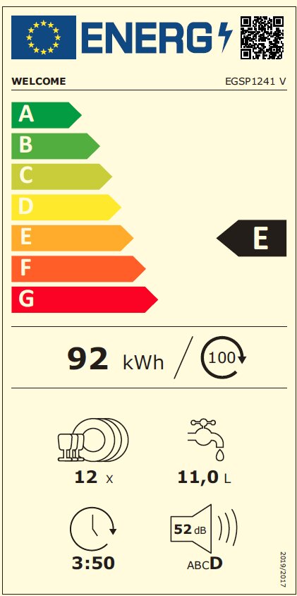Vaatwasser van energie-efficiëntieklasse E met een energieverbruik van 92 kWh per 100 cycli, een capaciteit van 12 couverts, een waterverbruik van 11,0 liter per cyclus, een geluidsniveau van 52 dB, vooraanzicht.