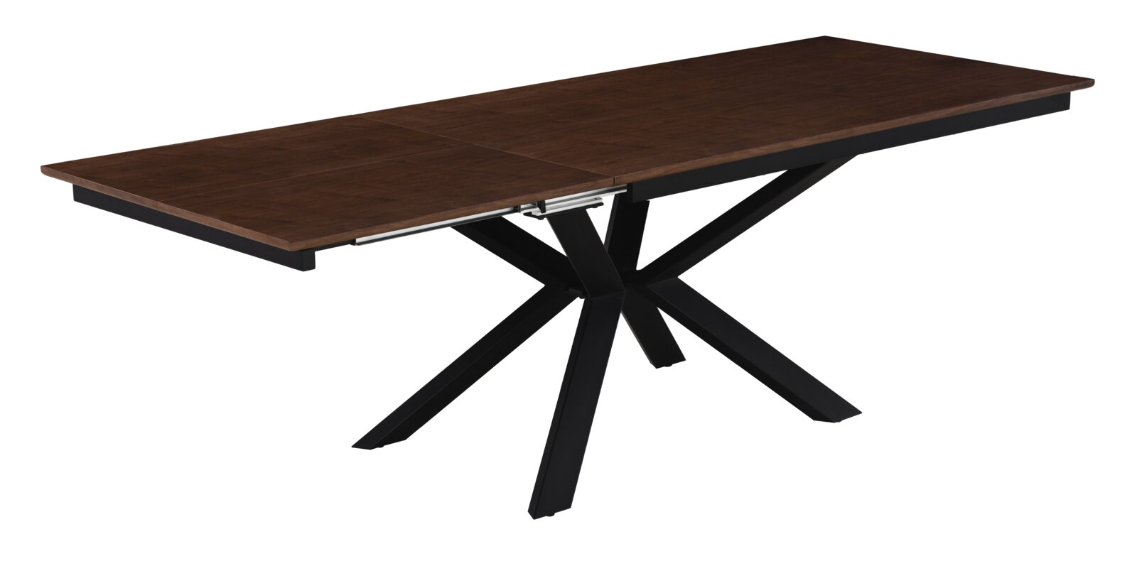 Uitschuifbare eettafel met donkerbruin houten blad en zwart metalen kruispootonderstel, getoond in schuin zijaanzicht