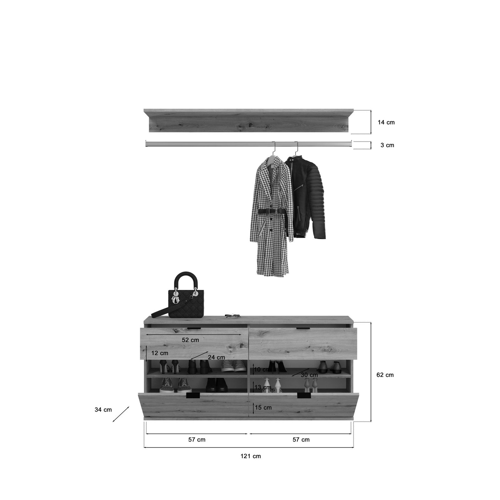 Kommode mit mehreren Schubladen und Fächern, frontal abgebildet, mit Maßen und hängender Garderobe darüber.