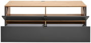 TV-Lowboard aus Holz und Metall in Frontansicht mit geöffneten Fächern und Schubladen.