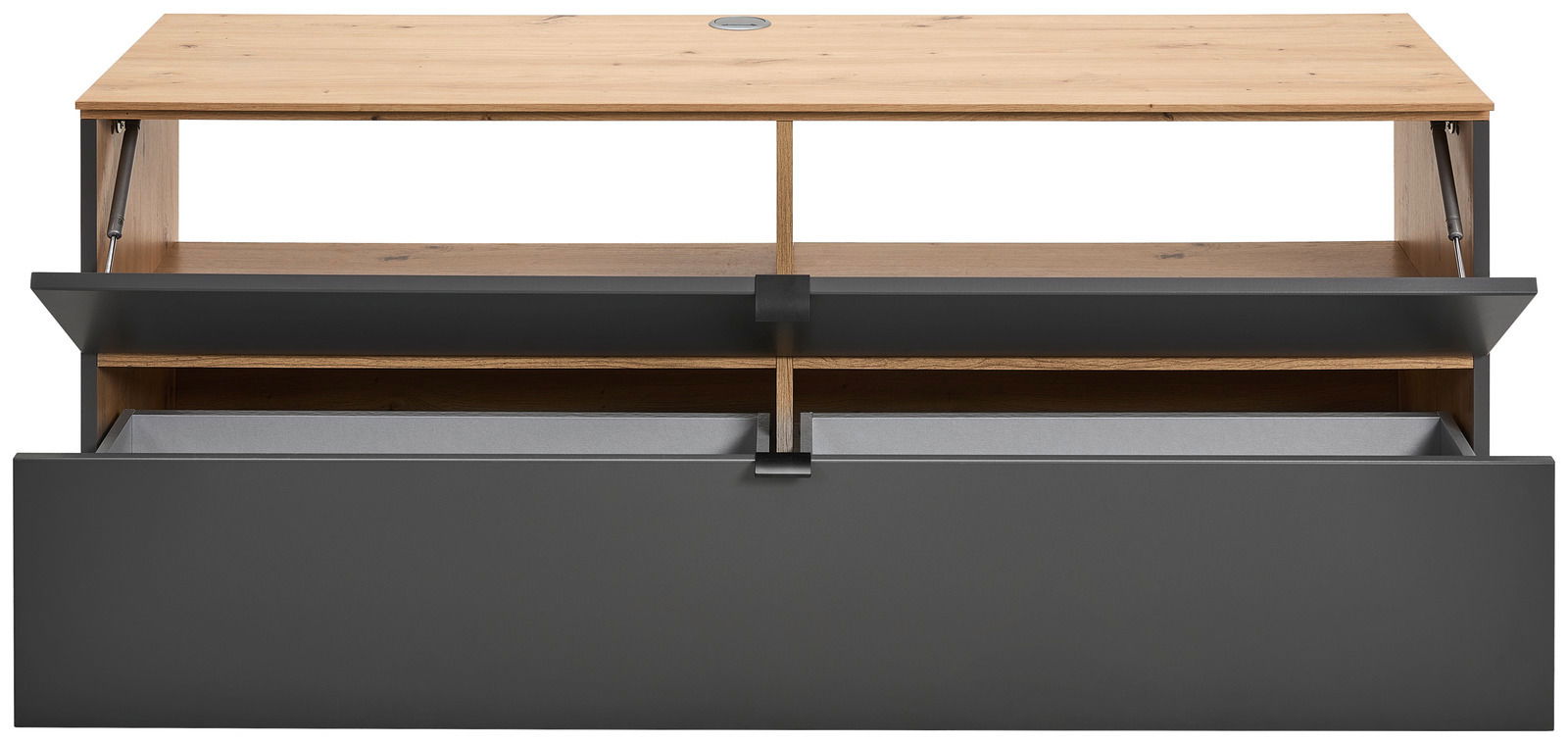 TV-Lowboard aus Holz und Metall in Frontansicht mit geöffneten Fächern und Schubladen.