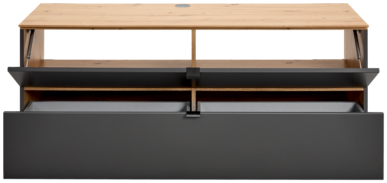 TV-Lowboard aus Holz und Metall in Frontansicht mit geöffneten Fächern und Schubladen.