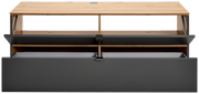 TV-Lowboard aus Holz und Metall in Frontansicht mit geöffneten Fächern und Schubladen.