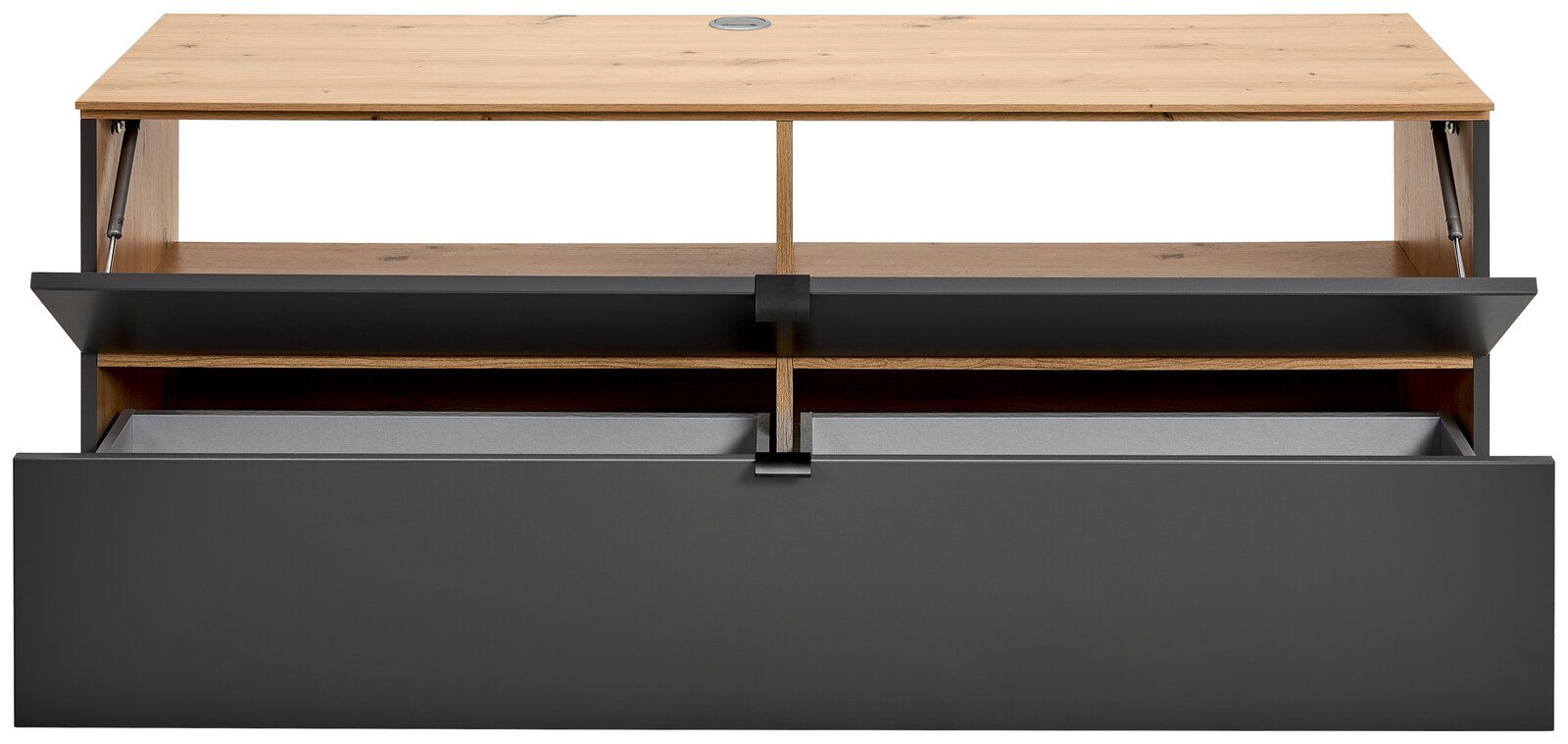 TV-Lowboard aus Holz und Metall in Frontansicht mit geöffneten Fächern und Schubladen.