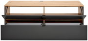 TV-Lowboard aus Holz und Metall in Frontansicht mit geöffneten Fächern und Schubladen.