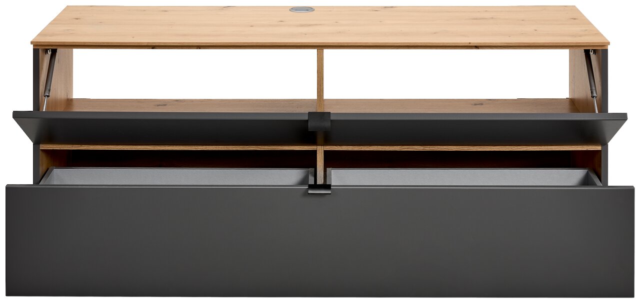 TV-Lowboard aus Holz und Metall in Frontansicht mit geöffneten Fächern und Schubladen.