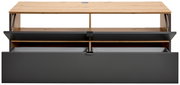 TV-Lowboard aus Holz und Metall in Frontansicht mit geöffneten Fächern und Schubladen.