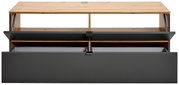 TV-Lowboard aus Holz und Metall in Frontansicht mit geöffneten Fächern und Schubladen.