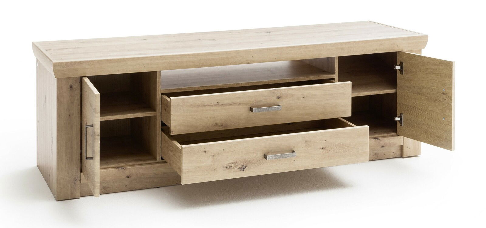 TV-Lowboard aus Holz mit zwei offenen Schubladen und zwei offenen Türen, Perspektive von vorne rechts