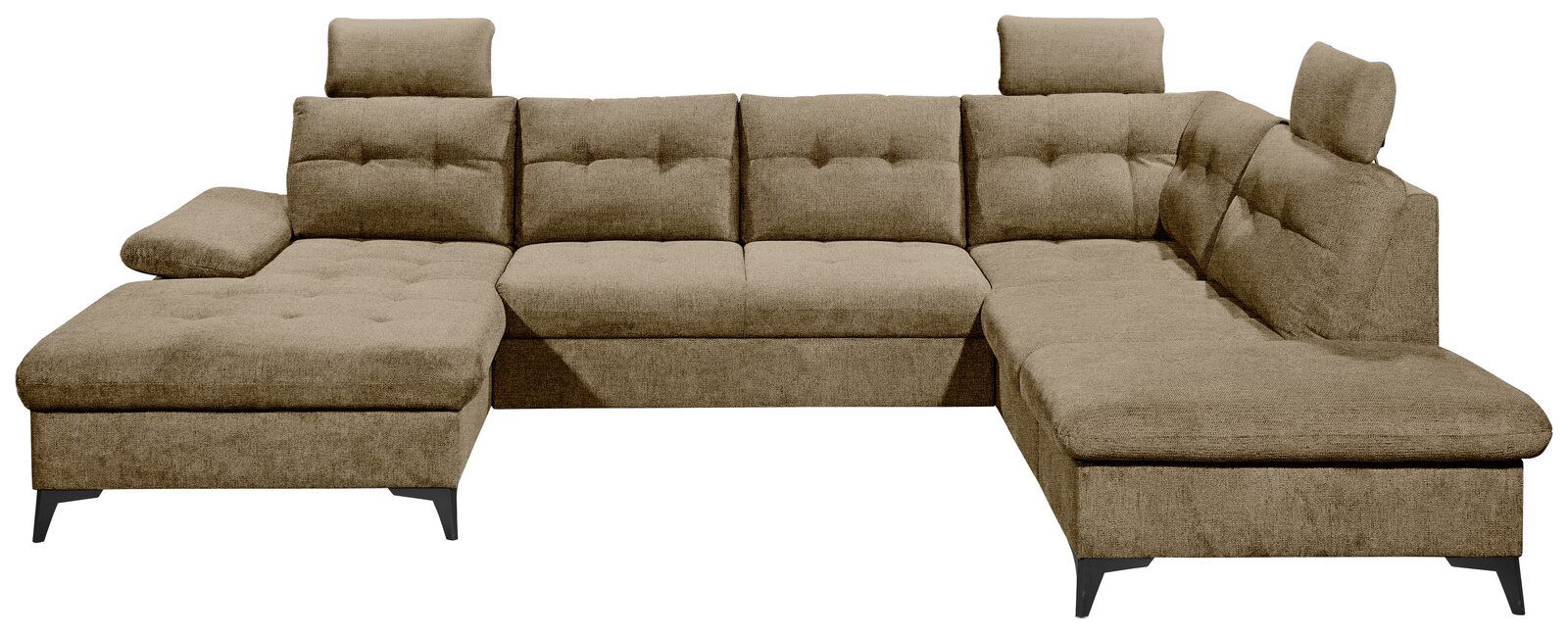 Beige Ecksofa in U-Form mit verstellbaren Kopfstützen, frontal betrachtet