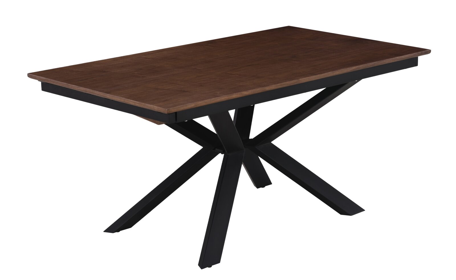 Rechthoekige eettafel met donkerbruin houten tafelblad en zwart metalen kruispootonderstel, gefotografeerd in schuin bovenaanzicht op witte achtergrond