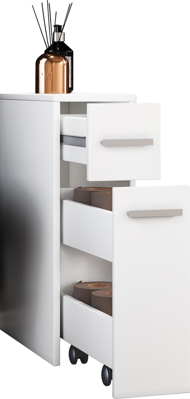 Weißer Rollcontainer mit drei Schubladen, zwei geöffnet, mit Toilettenpapierrollen; oben Duftdiffusor in kupferfarbenem Behälter und schwarzer Flasche – perspektivische Ansicht schräg von vorne rechts.