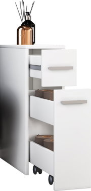 Weißer Rollcontainer mit drei Schubladen, zwei geöffnet, mit Toilettenpapierrollen; oben Duftdiffusor in kupferfarbenem Behälter und schwarzer Flasche – perspektivische Ansicht schräg von vorne rechts.