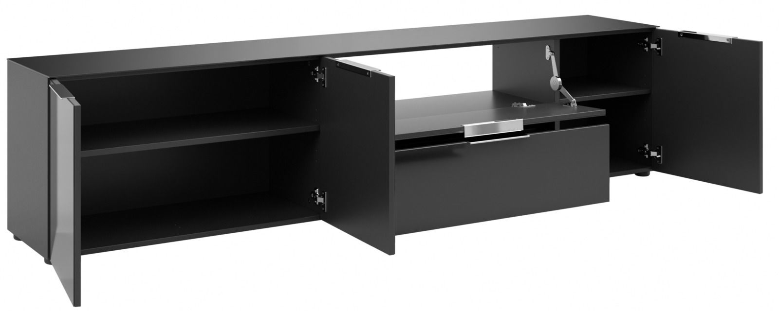 Schwarzes XL-TV-Lowboard mit offenen Türen und Schubladen, Frontansicht