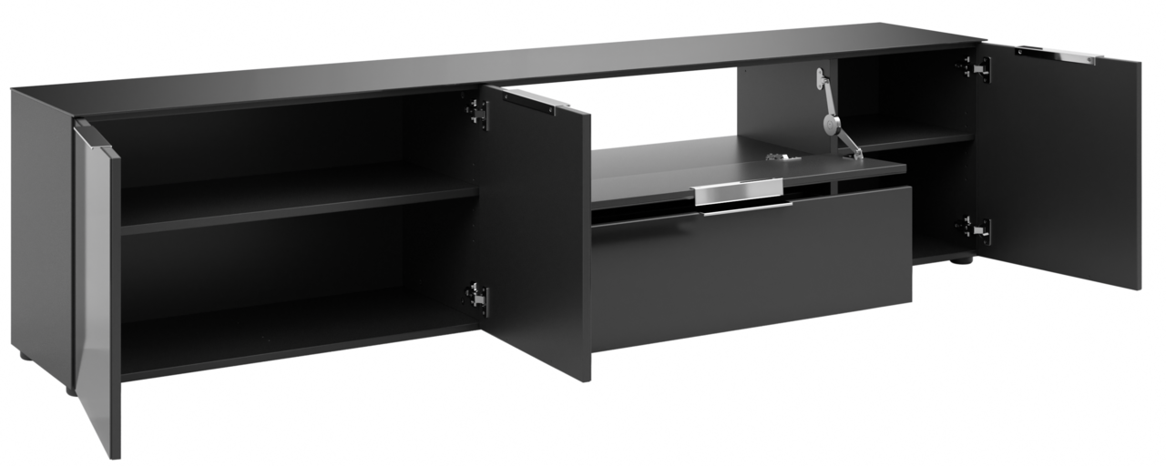 Schwarzes XL-TV-Lowboard mit offenen Türen und Schubladen, Frontansicht