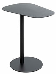 Moderner schwarzer Beistelltisch mit runder Basis und ovaler Tischplatte, seitliche Perspektive