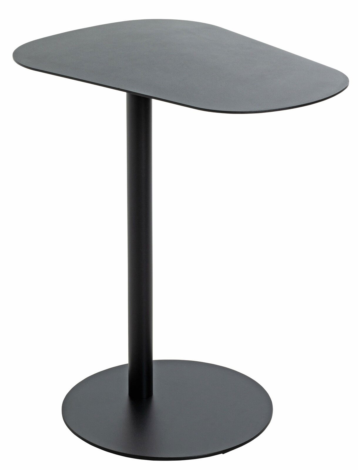 Moderner schwarzer Beistelltisch mit runder Basis und ovaler Tischplatte, seitliche Perspektive