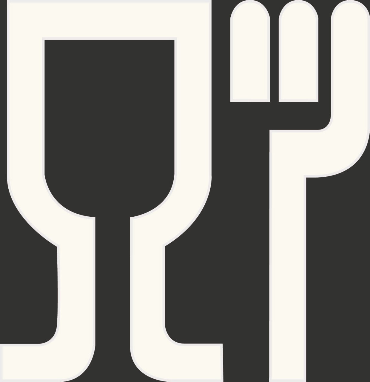 Symbol für Lebensmittelkontakt, schwarze Umrisse eines Weinglases und einer Gabel auf weißem Hintergrund, Frontalansicht