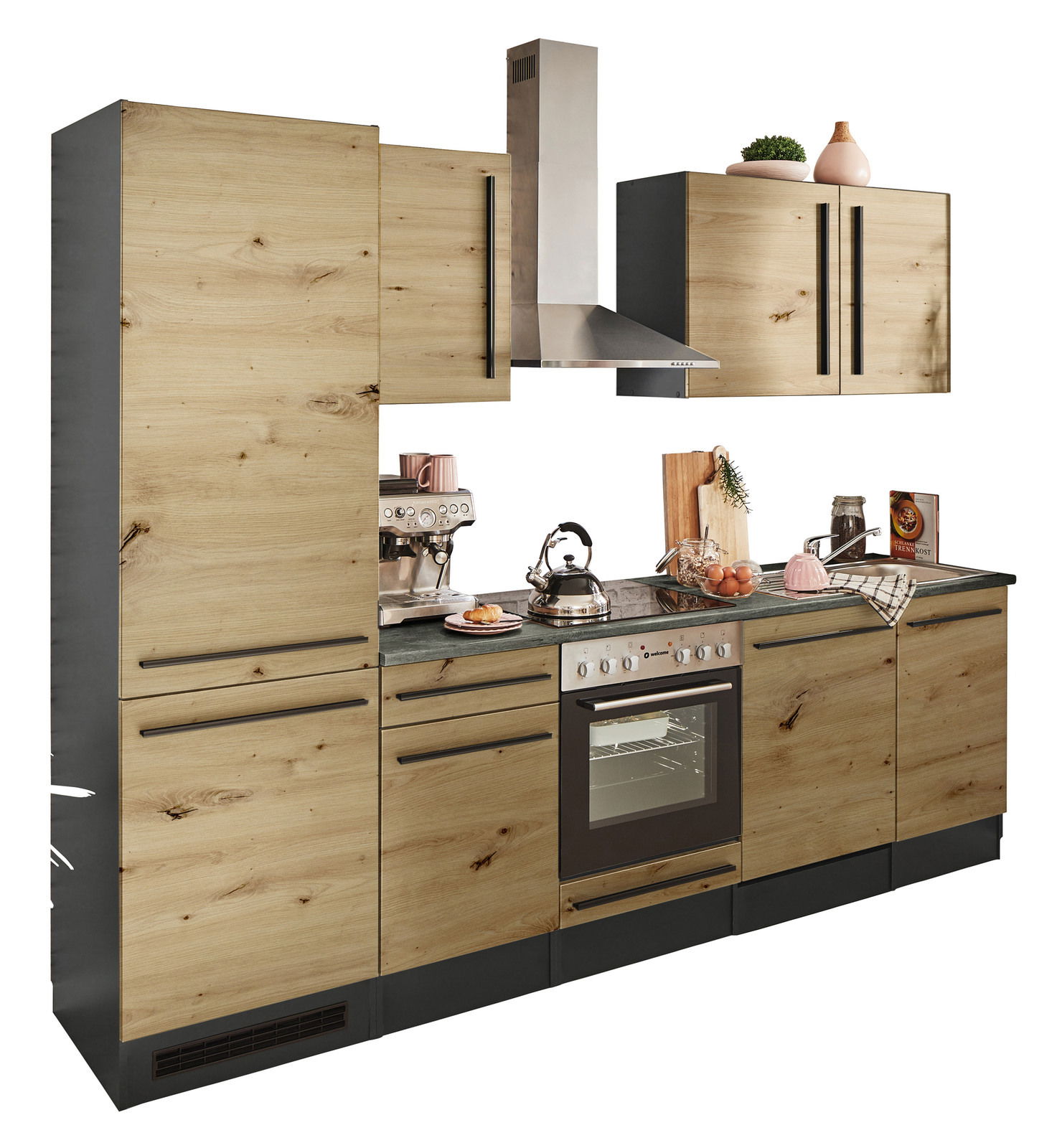 Yourkitchen Küchenblock 280 JAZZ Moderne Küchenzeile in Holzoptik mit Elektrogeräten, frontal betrachtet.