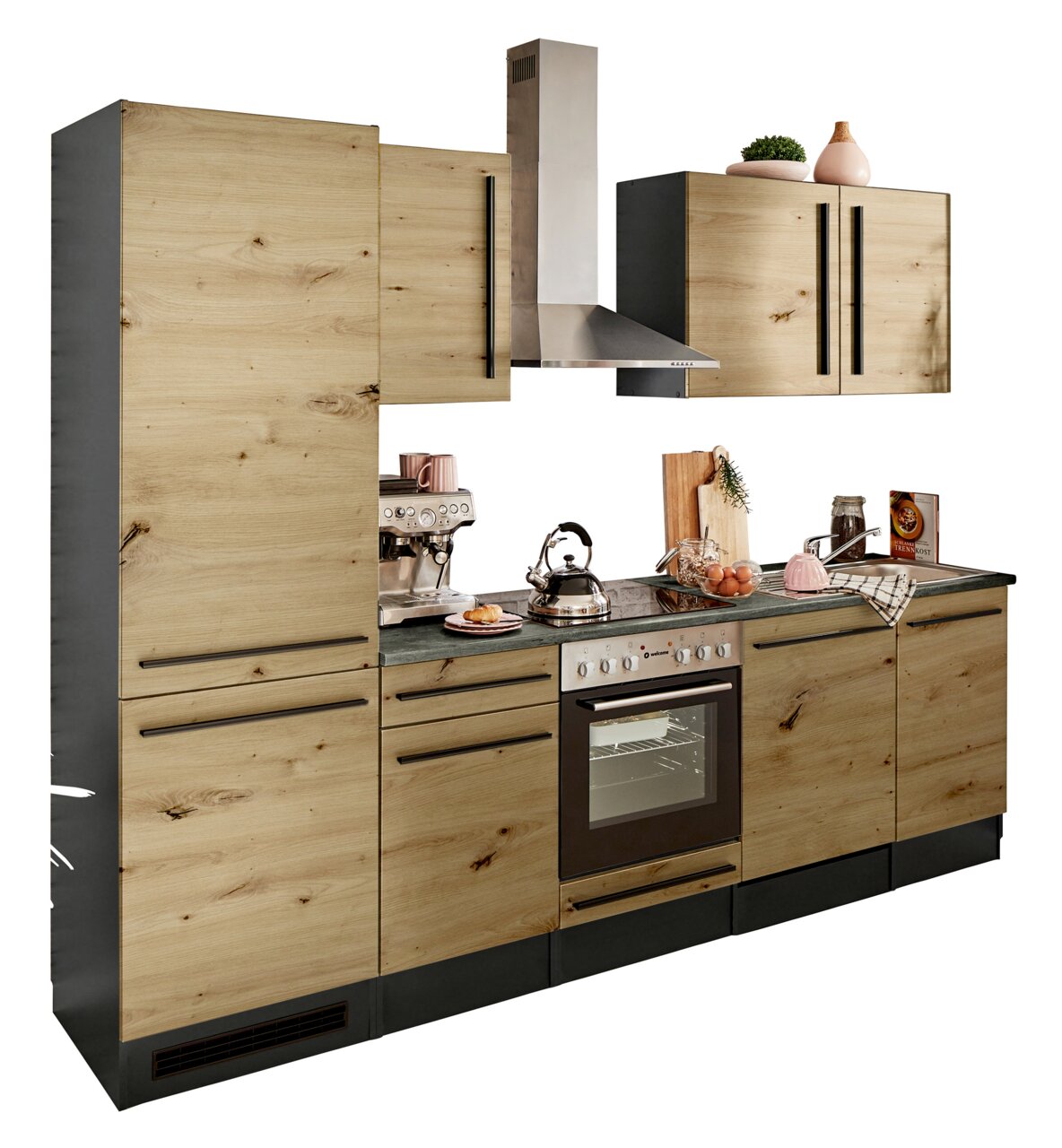 Yourkitchen Küchenblock 280 JAZZ Moderne Küchenzeile in Holzoptik mit Elektrogeräten, frontal betrachtet.