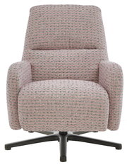 Frontansicht eines modernen Relaxsessels mit rosa-grauem Stoffbezug und schwarzem Drehfuß.