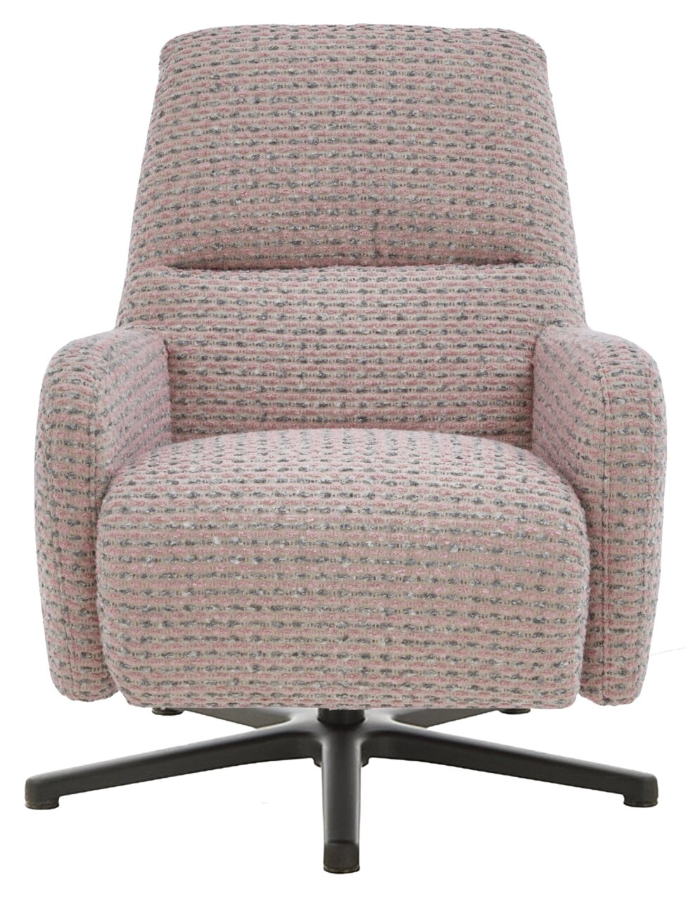 Frontansicht eines modernen Relaxsessels mit rosa-grauem Stoffbezug und schwarzem Drehfuß.