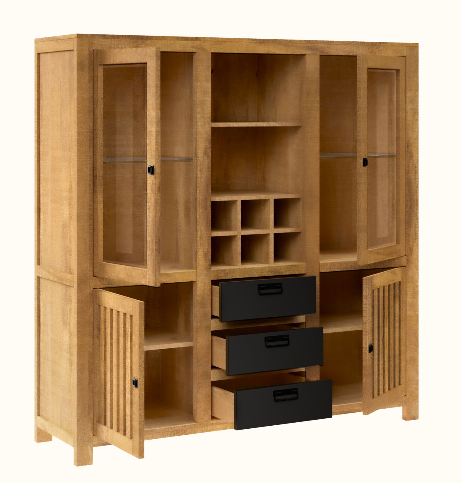 Holz-Highboard mit Glastüren, offenen Regalfächern und schwarzen Schubladen, seitliche Perspektive