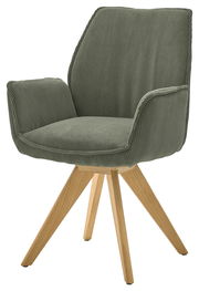 Grüner Armlehnstuhl mit Holzbeinen, seitliche Perspektive