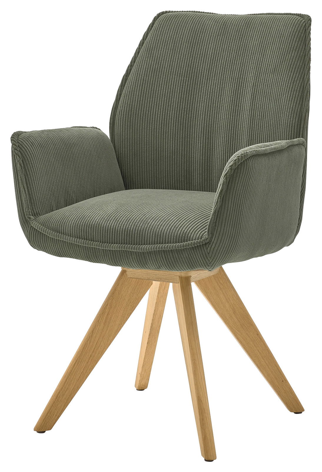 Grüner Armlehnstuhl mit Holzbeinen, seitliche Perspektive